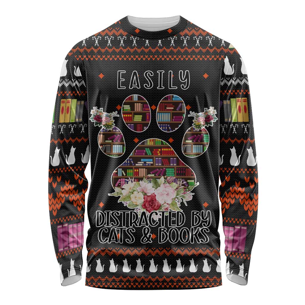Cat And Books Christmas Long Sleeve Shirt Xmas Holiday Patterns - Wonder Print Shop
