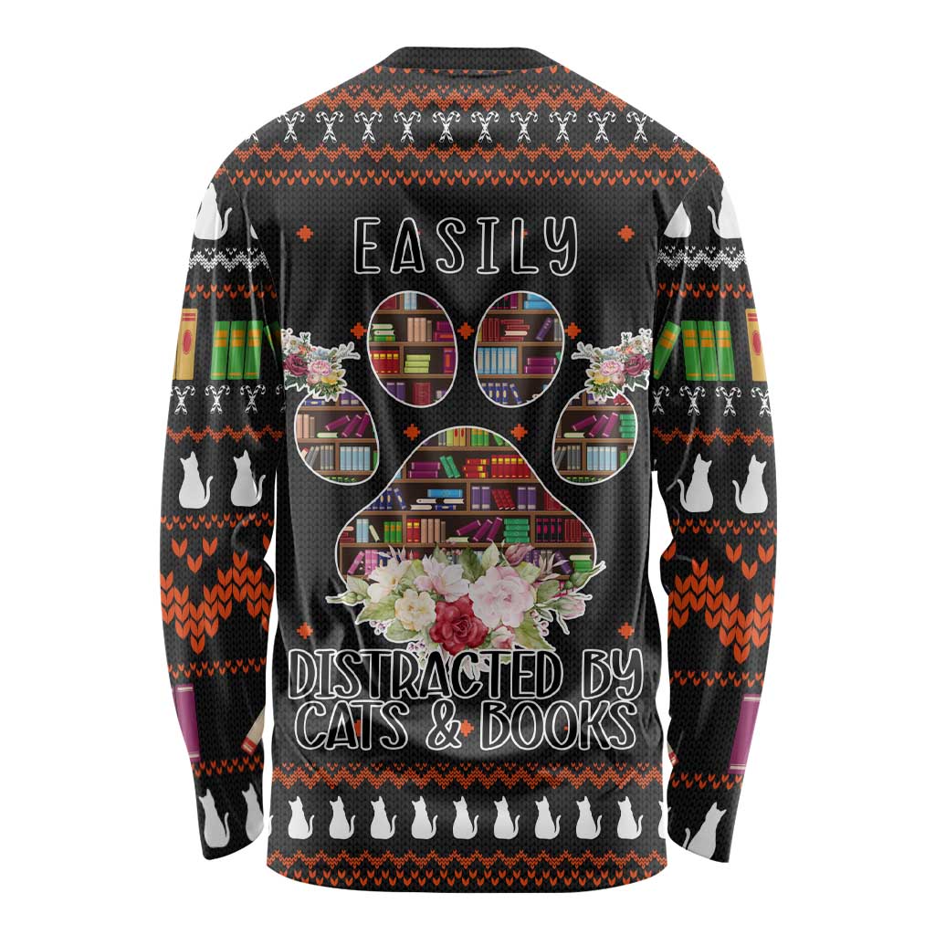 Cat And Books Christmas Long Sleeve Shirt Xmas Holiday Patterns - Wonder Print Shop