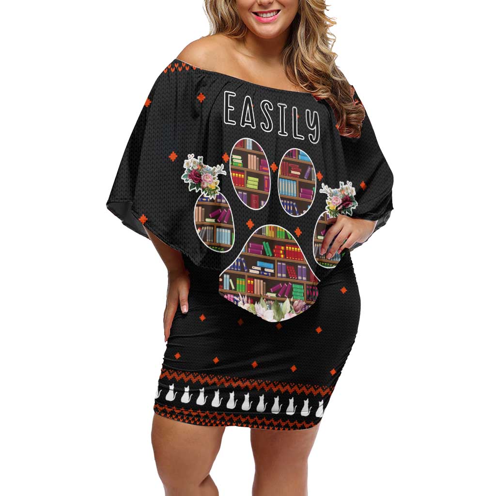 Cat And Books Christmas Off Shoulder Short Dress Xmas Holiday Patterns - Wonder Print Shop
