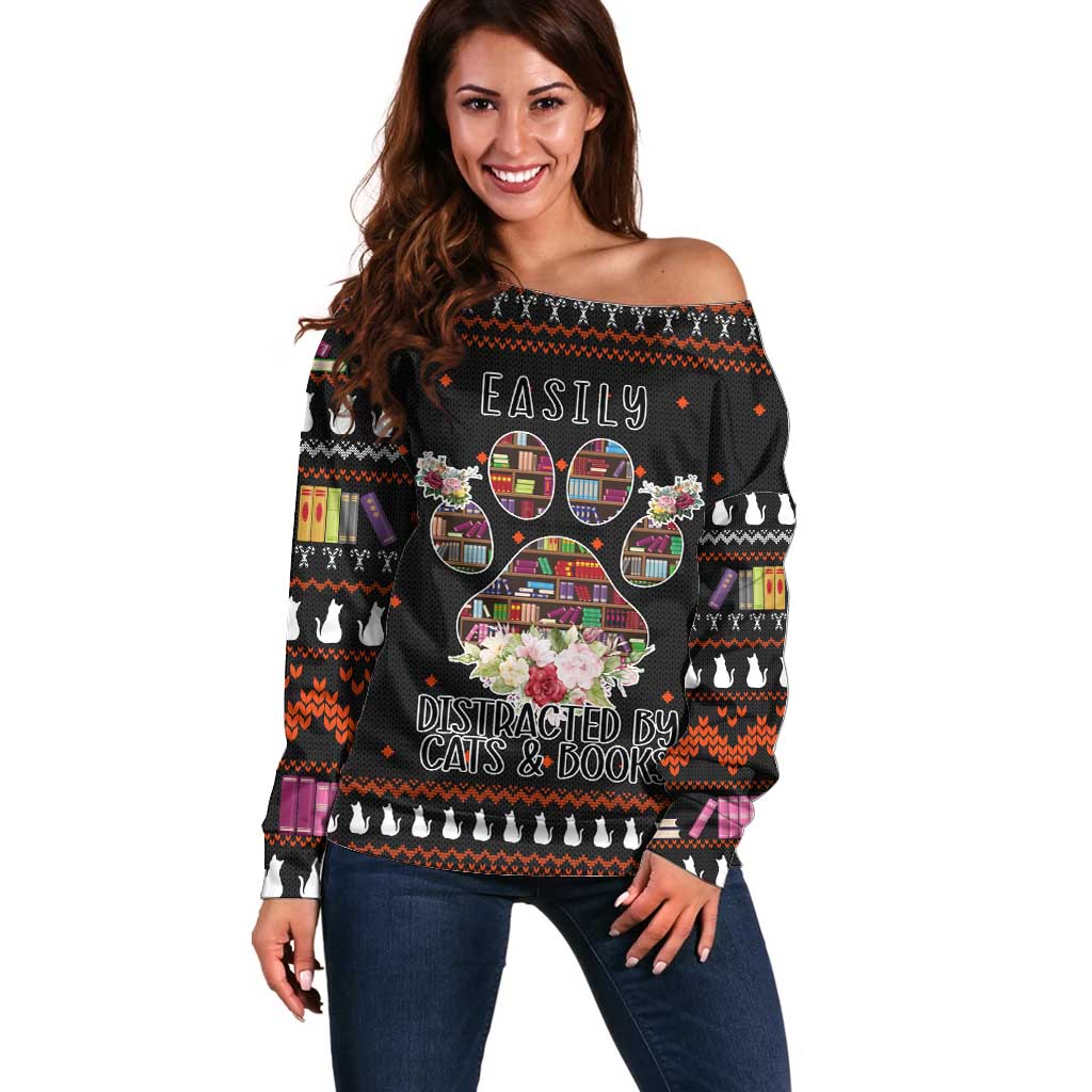 Cat And Books Christmas Off Shoulder Sweater Xmas Holiday Patterns - Wonder Print Shop
