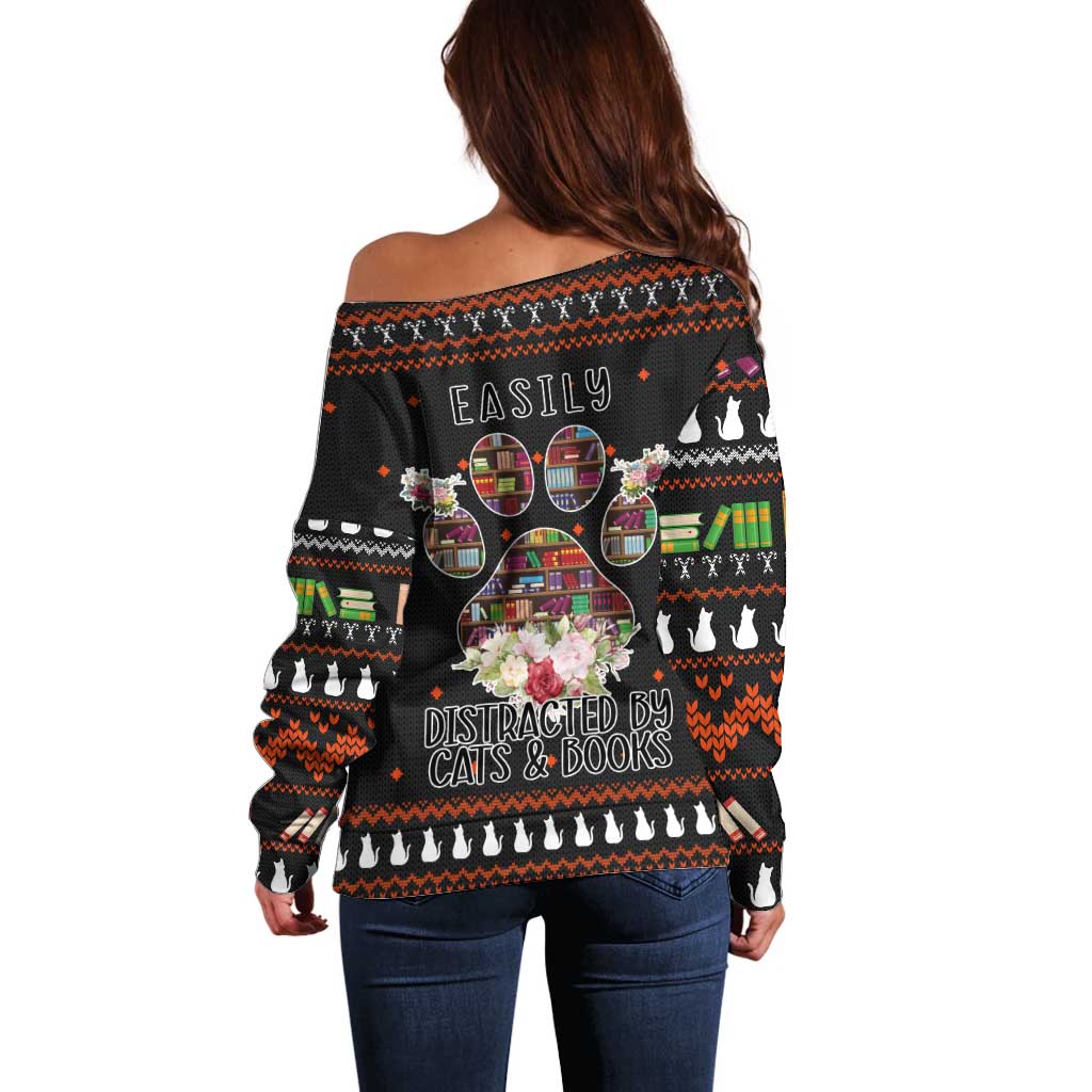 Cat And Books Christmas Off Shoulder Sweater Xmas Holiday Patterns - Wonder Print Shop