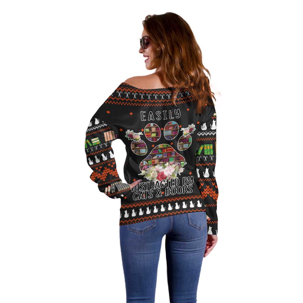 Cat And Books Christmas Off Shoulder Sweater Xmas Holiday Patterns - Wonder Print Shop