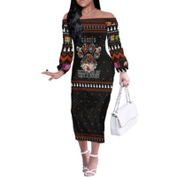 Cat And Books Christmas Off The Shoulder Long Sleeve Dress Xmas Holiday Patterns - Wonder Print Shop