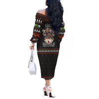Cat And Books Christmas Off The Shoulder Long Sleeve Dress Xmas Holiday Patterns - Wonder Print Shop