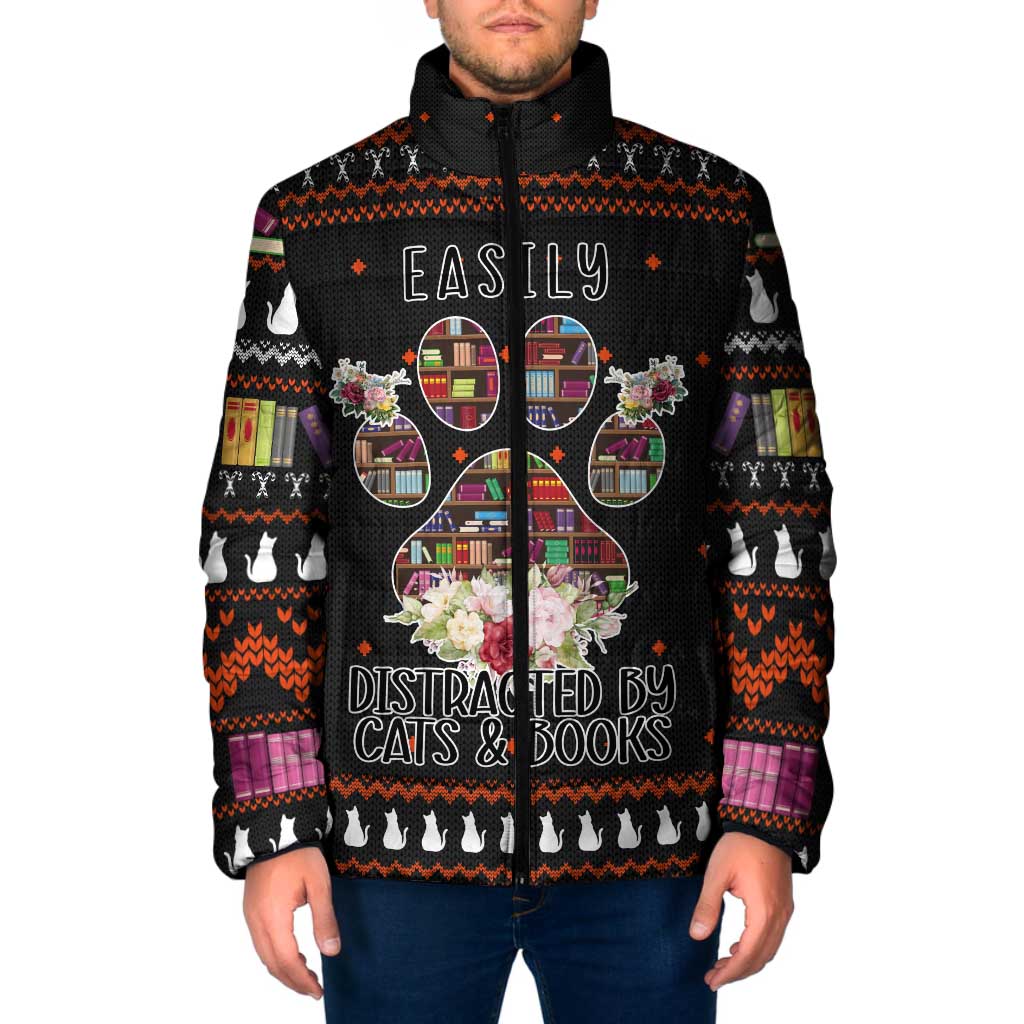 Cat And Books Christmas Padded Jacket Xmas Holiday Patterns - Wonder Print Shop