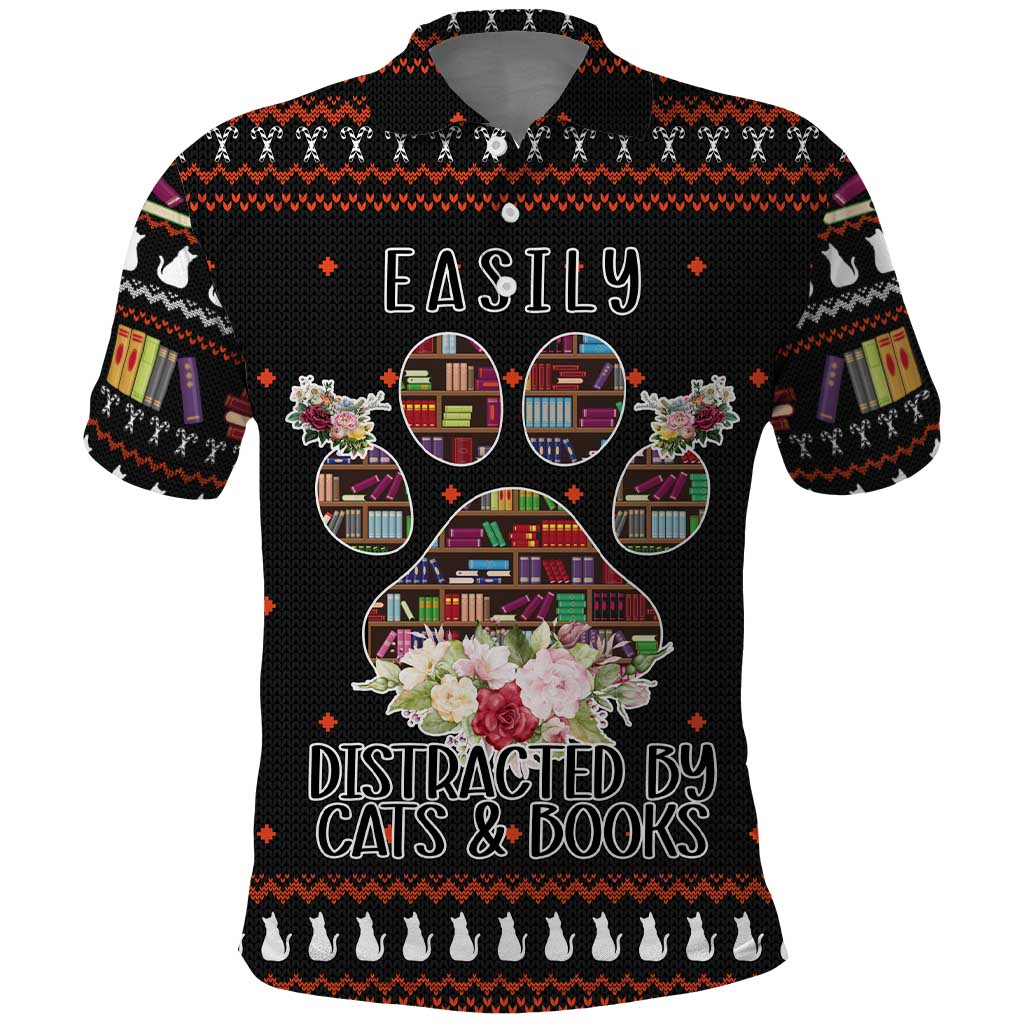 Cat And Books Christmas Polo Shirt Xmas Holiday Patterns - Wonder Print Shop