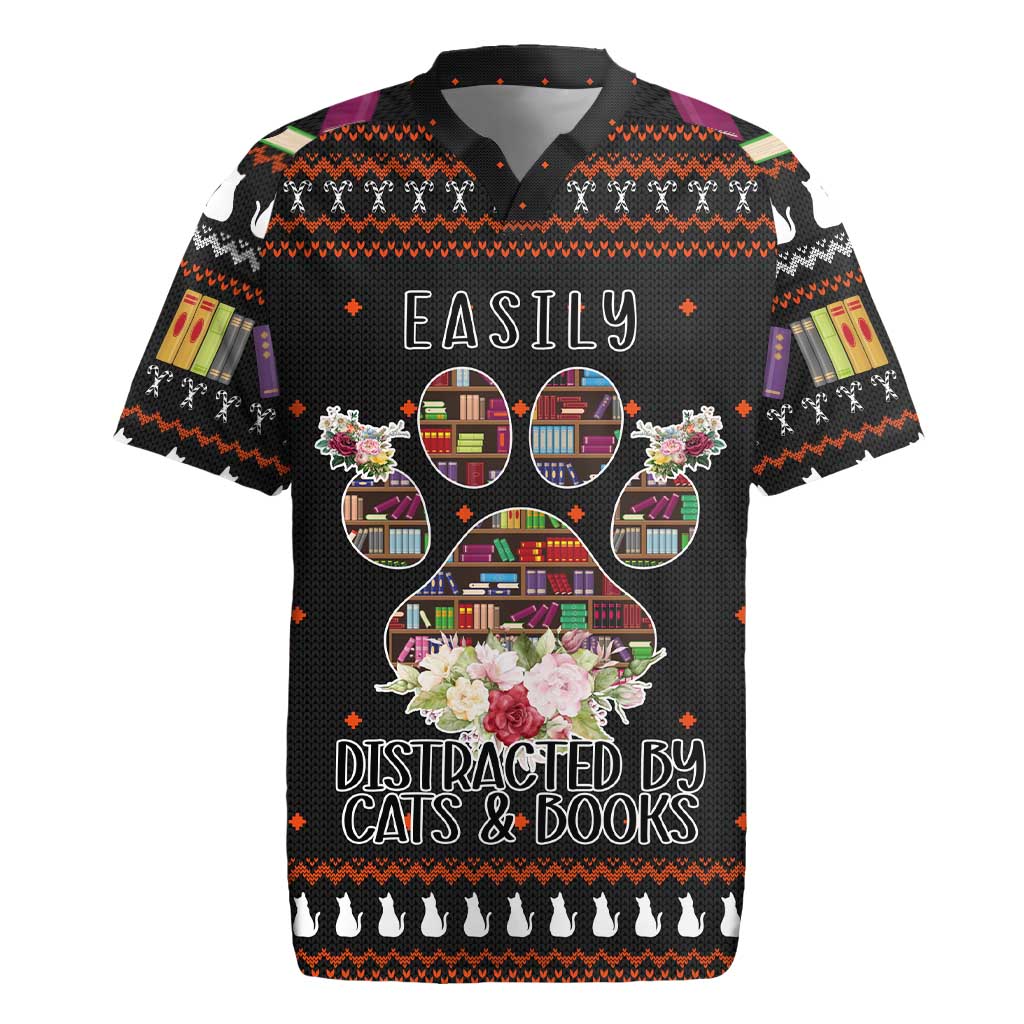 Cat And Books Christmas Rugby Jersey Xmas Holiday Patterns - Wonder Print Shop
