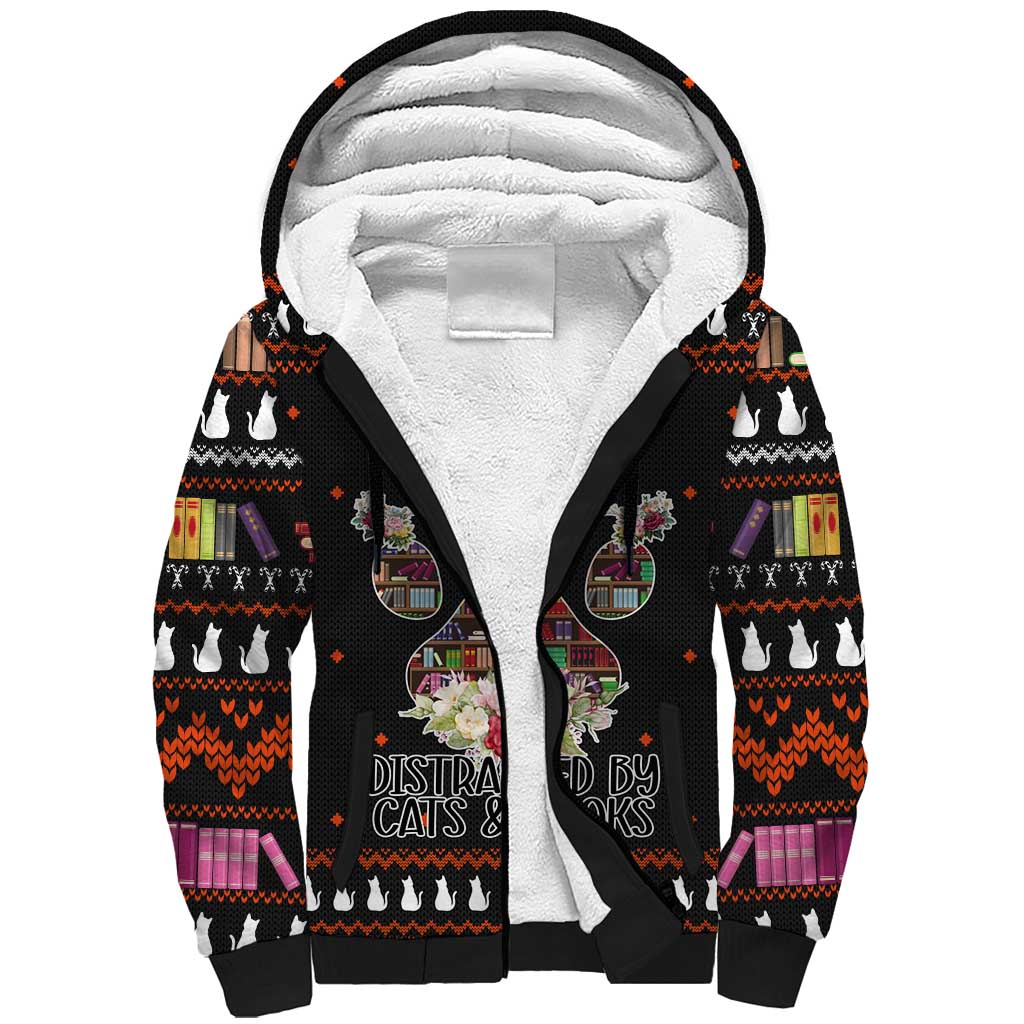 Cat And Books Christmas Sherpa Hoodie Xmas Holiday Patterns - Wonder Print Shop