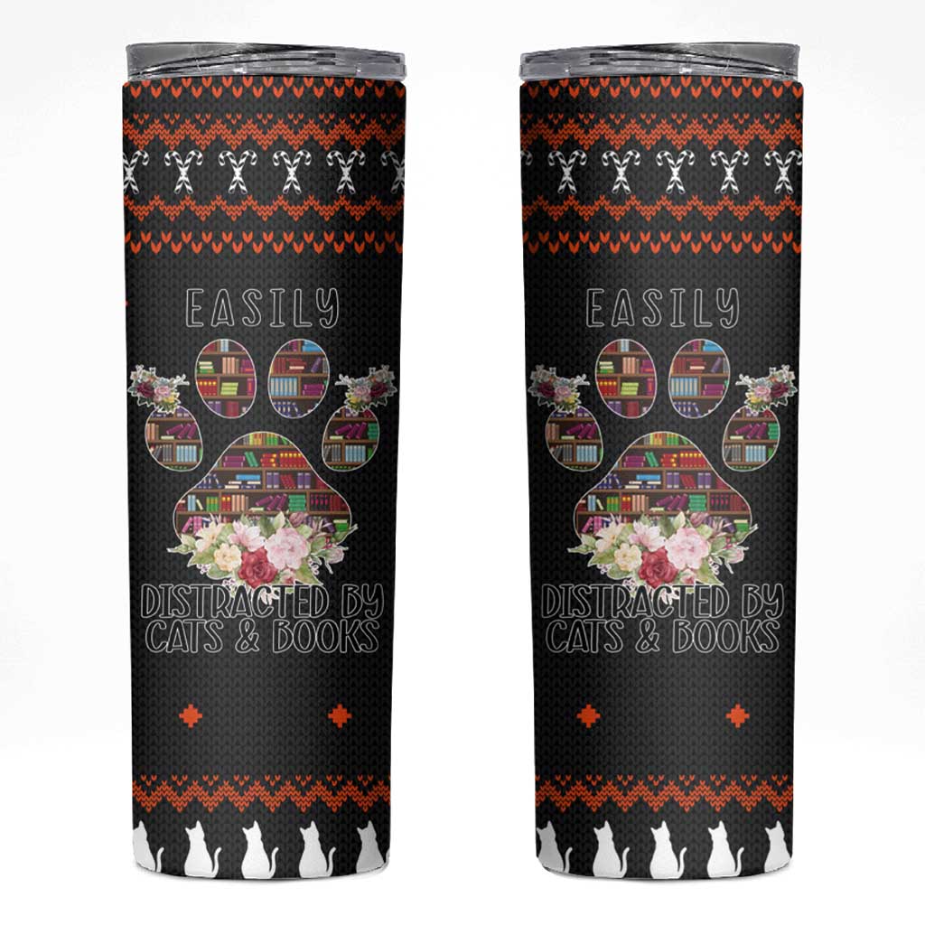 Cat And Books Christmas Skinny Tumbler Xmas Holiday Patterns - Wonder Print Shop
