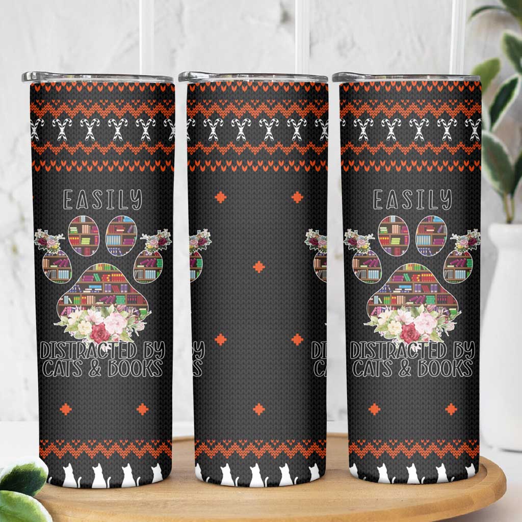 Cat And Books Christmas Skinny Tumbler Xmas Holiday Patterns - Wonder Print Shop