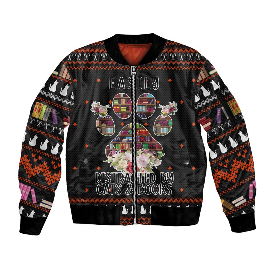 Cat And Books Christmas Sleeve Zip Bomber Jacket Xmas Holiday Patterns - Wonder Print Shop