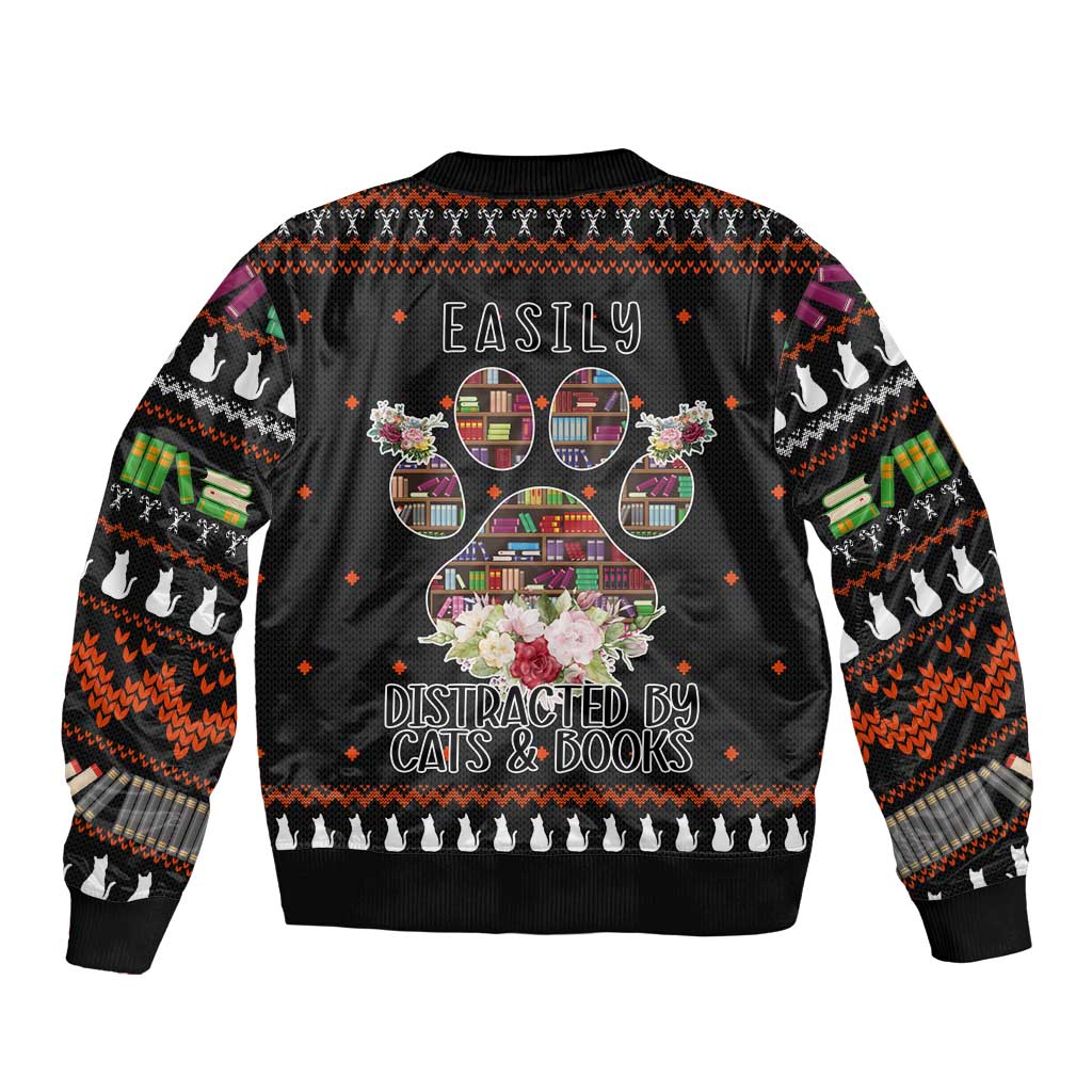 Cat And Books Christmas Sleeve Zip Bomber Jacket Xmas Holiday Patterns - Wonder Print Shop