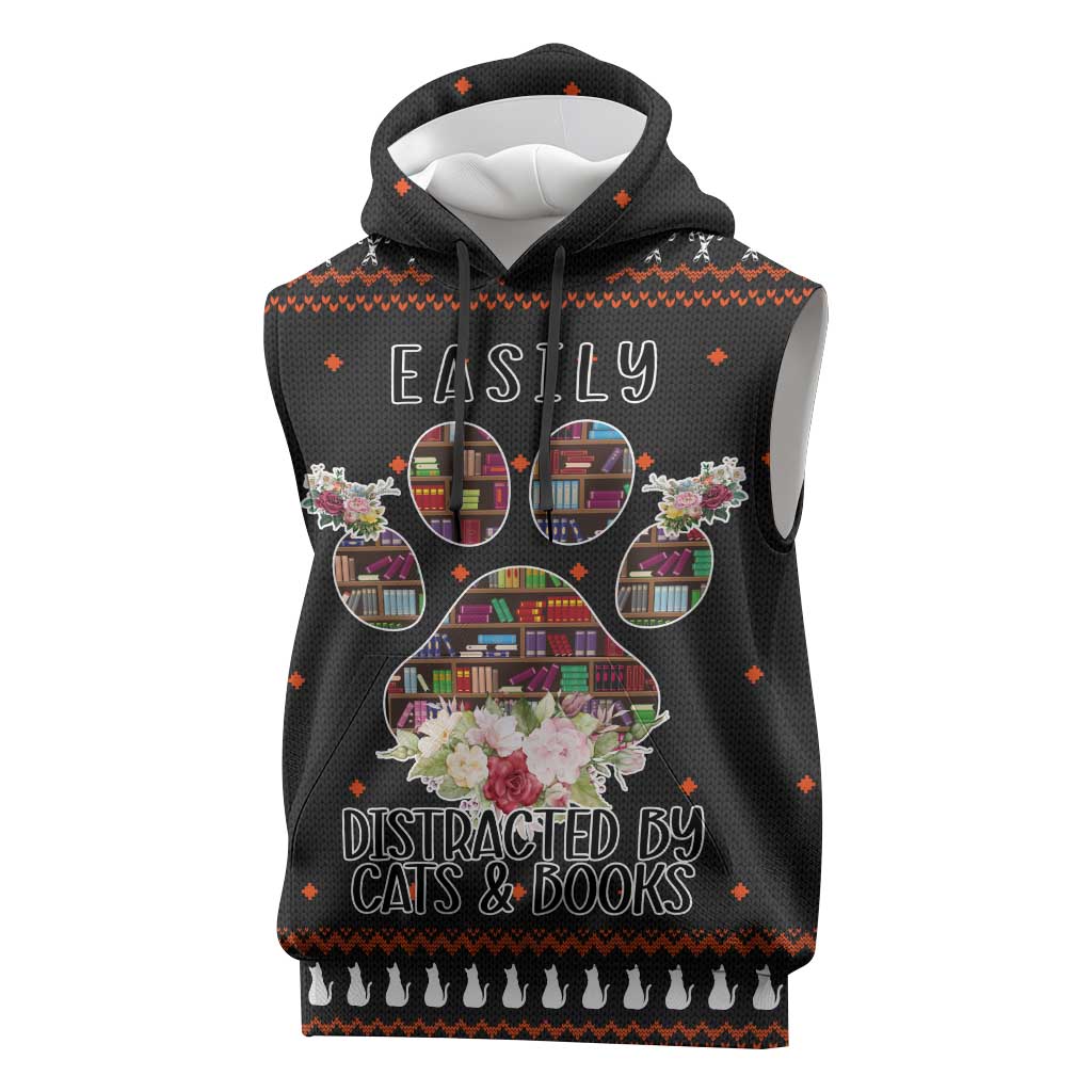 Cat And Books Christmas Sleeveless Hoodie Xmas Holiday Patterns - Wonder Print Shop