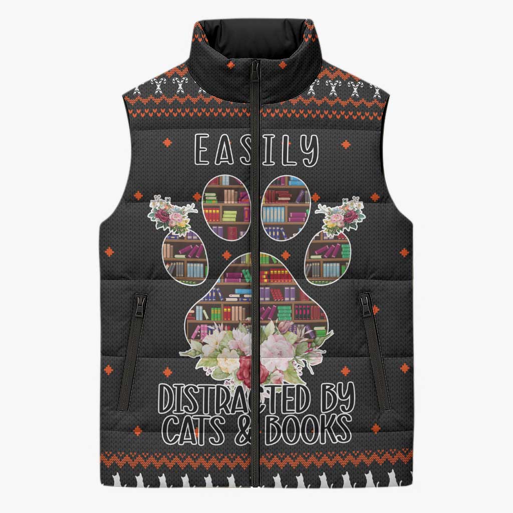 Cat And Books Christmas Sleeveless Puffer Jacket Xmas Holiday Patterns - Wonder Print Shop