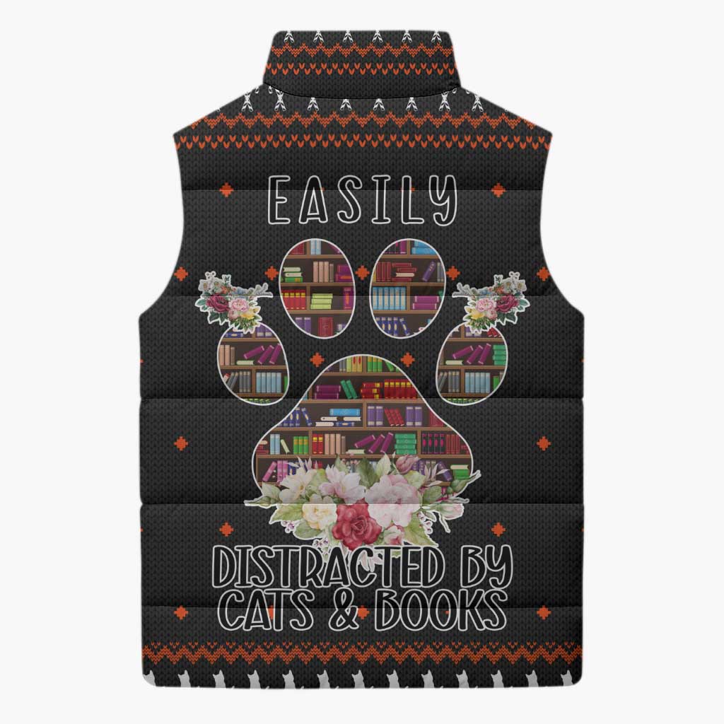 Cat And Books Christmas Sleeveless Puffer Jacket Xmas Holiday Patterns - Wonder Print Shop