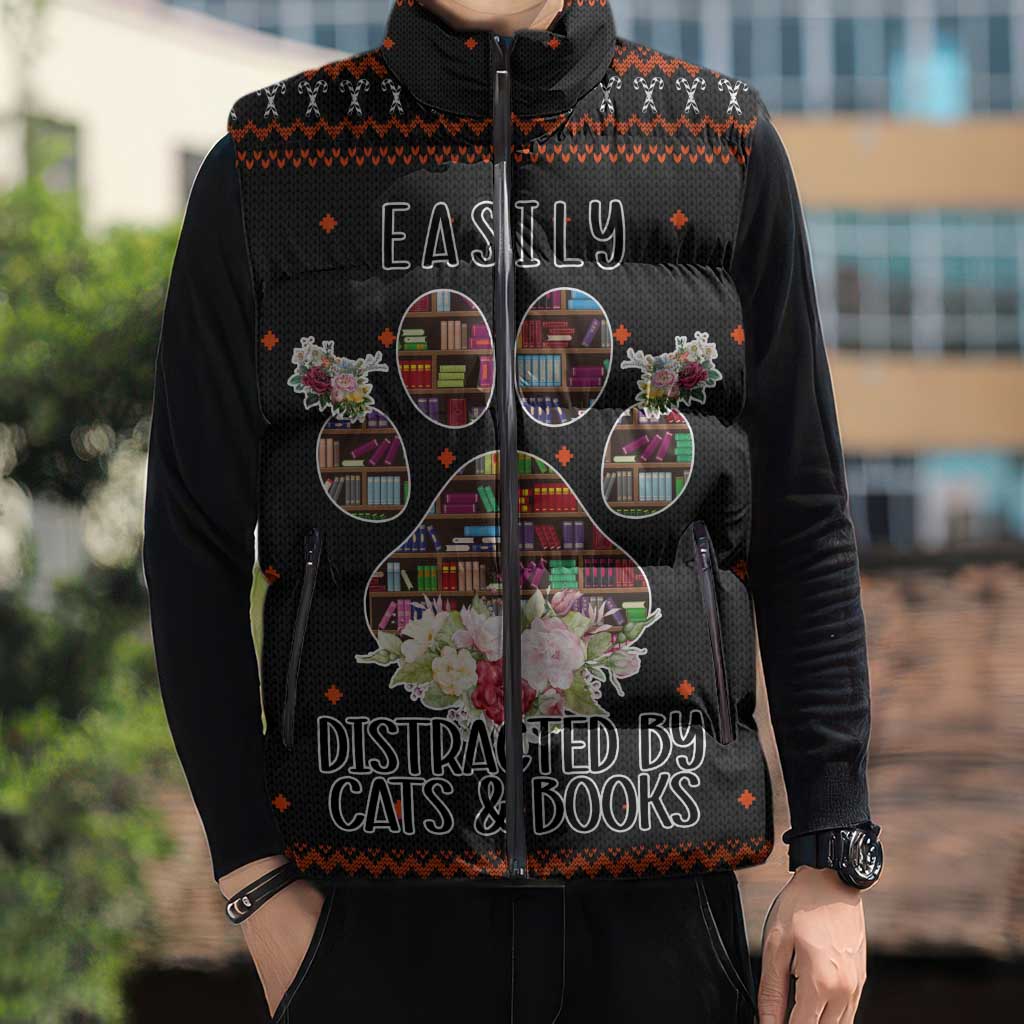 Cat And Books Christmas Sleeveless Puffer Jacket Xmas Holiday Patterns - Wonder Print Shop