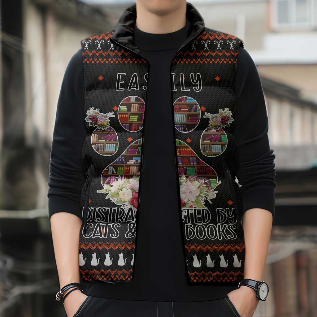 Cat And Books Christmas Sleeveless Puffer Jacket Xmas Holiday Patterns - Wonder Print Shop