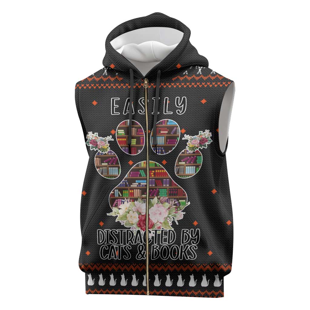 Cat And Books Christmas Sleeveless Zip Hoodie Xmas Holiday Patterns - Wonder Print Shop