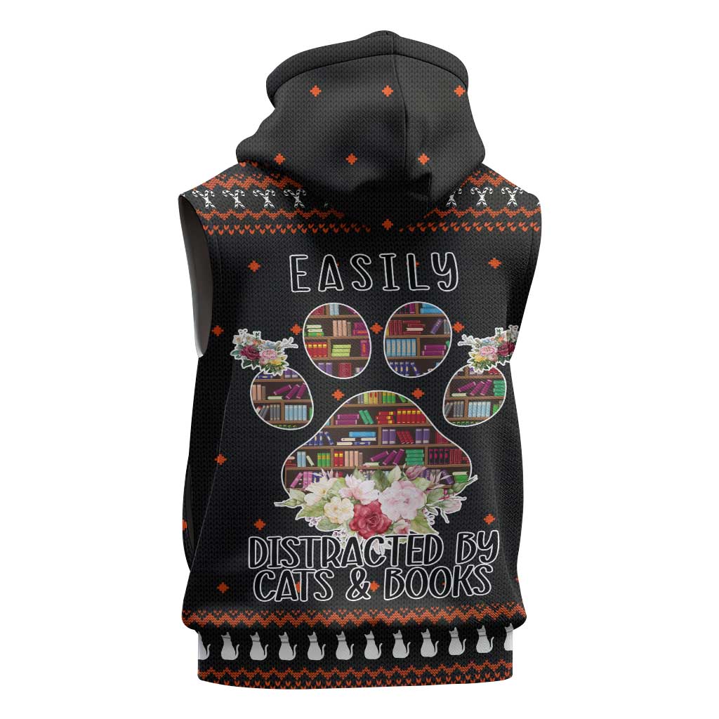 Cat And Books Christmas Sleeveless Zip Hoodie Xmas Holiday Patterns - Wonder Print Shop