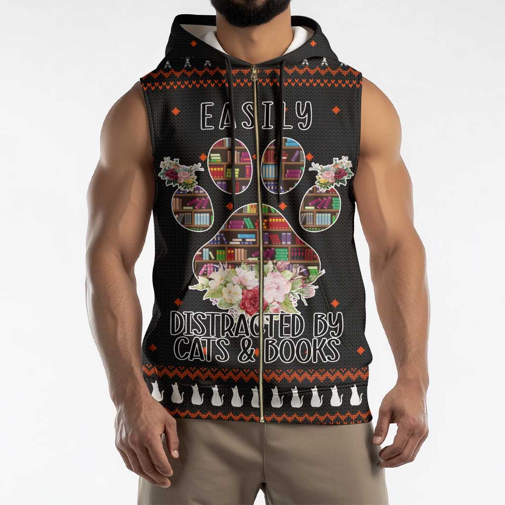 Cat And Books Christmas Sleeveless Zip Hoodie Xmas Holiday Patterns - Wonder Print Shop