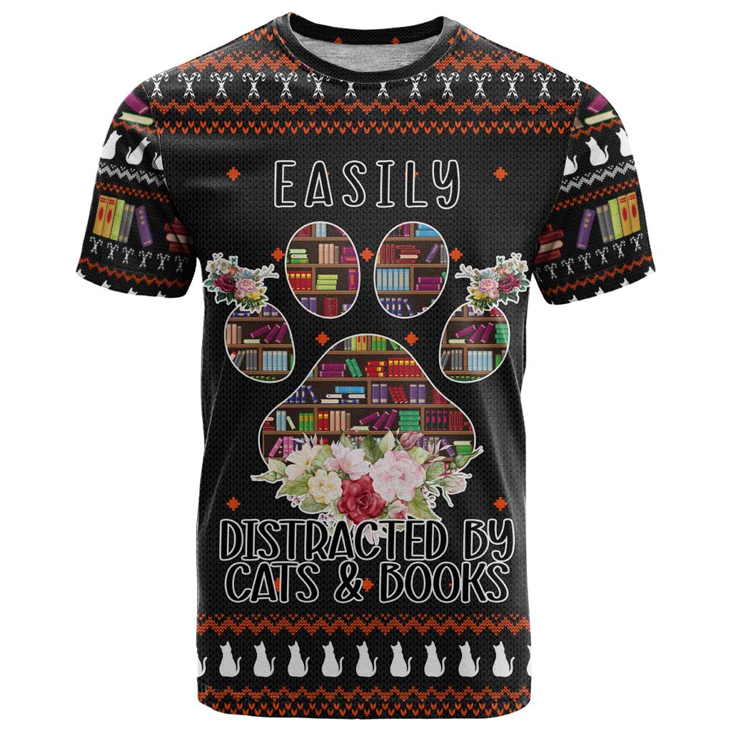 Cat And Books Christmas T Shirt Xmas Holiday Patterns - Wonder Print Shop
