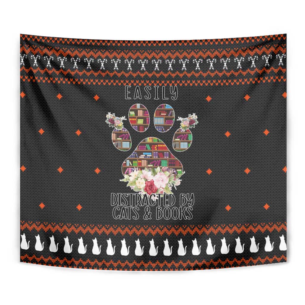 Cat And Books Christmas Tapestry Xmas Holiday Patterns - Wonder Print Shop