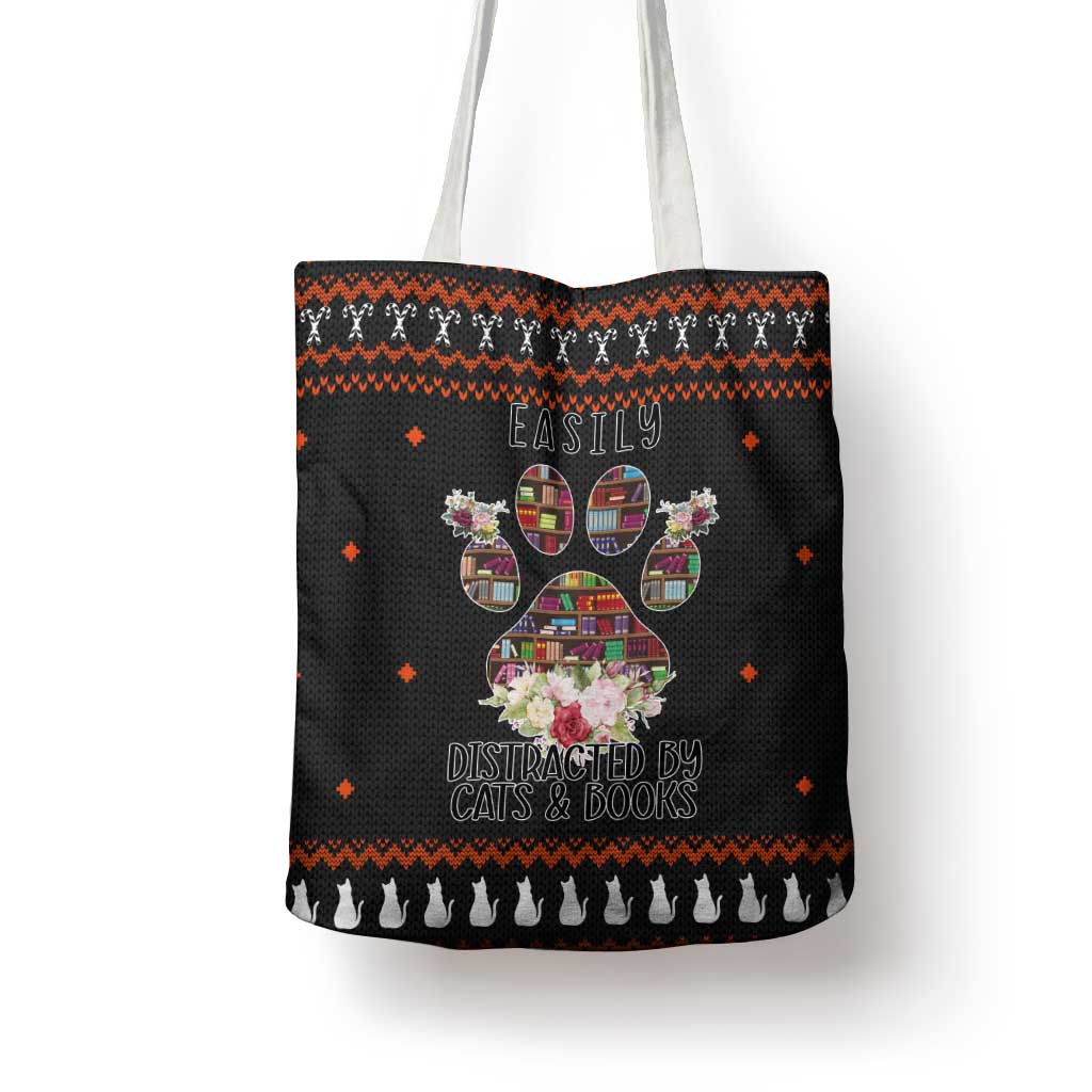 Cat And Books Christmas Tote Bag Xmas Holiday Patterns - Wonder Print Shop