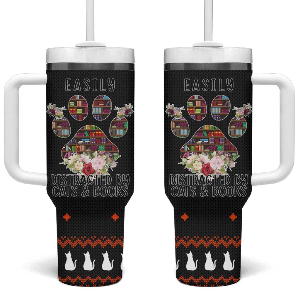 Cat And Books Christmas Tumbler With Handle Xmas Holiday Patterns - Wonder Print Shop
