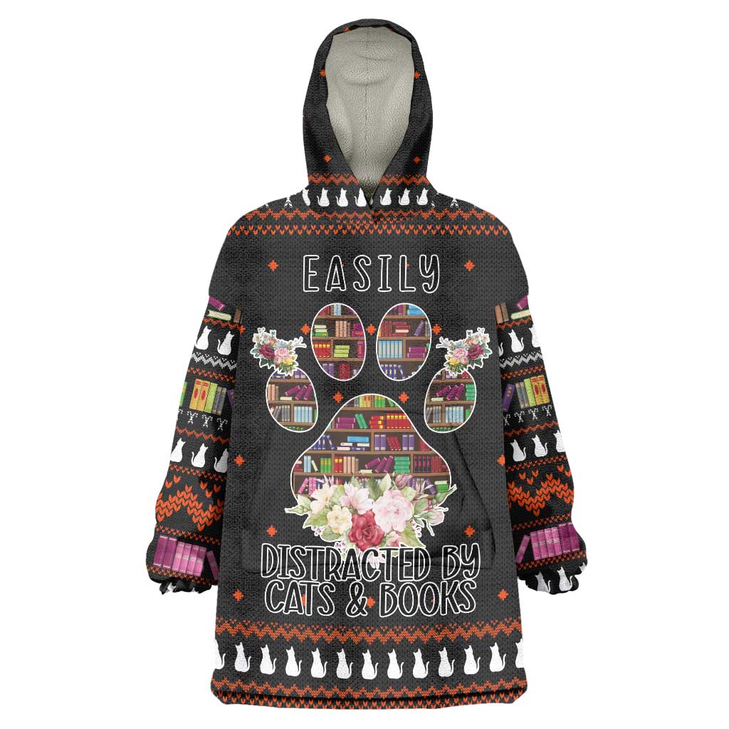 Cat And Books Christmas Wearable Blanket Hoodie Xmas Holiday Patterns - Wonder Print Shop