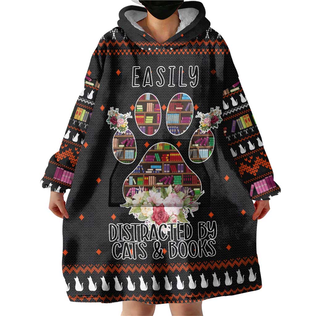 Cat And Books Christmas Wearable Blanket Hoodie Xmas Holiday Patterns - Wonder Print Shop