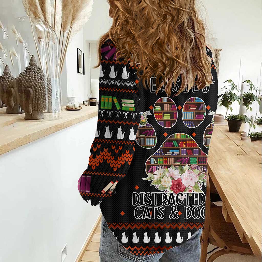 Cat And Books Christmas Women Casual Shirt Xmas Holiday Patterns - Wonder Print Shop