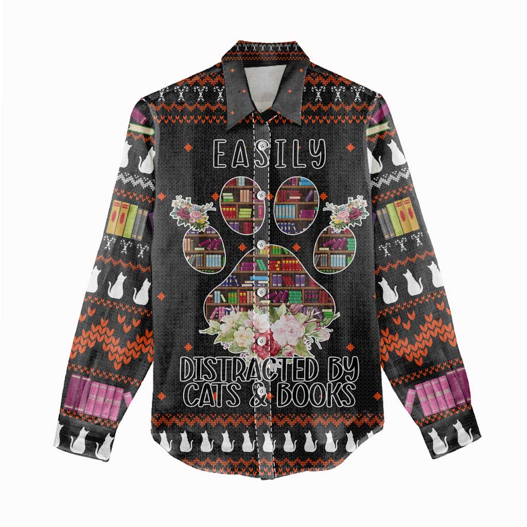 Cat And Books Christmas Women Casual Shirt Xmas Holiday Patterns - Wonder Print Shop