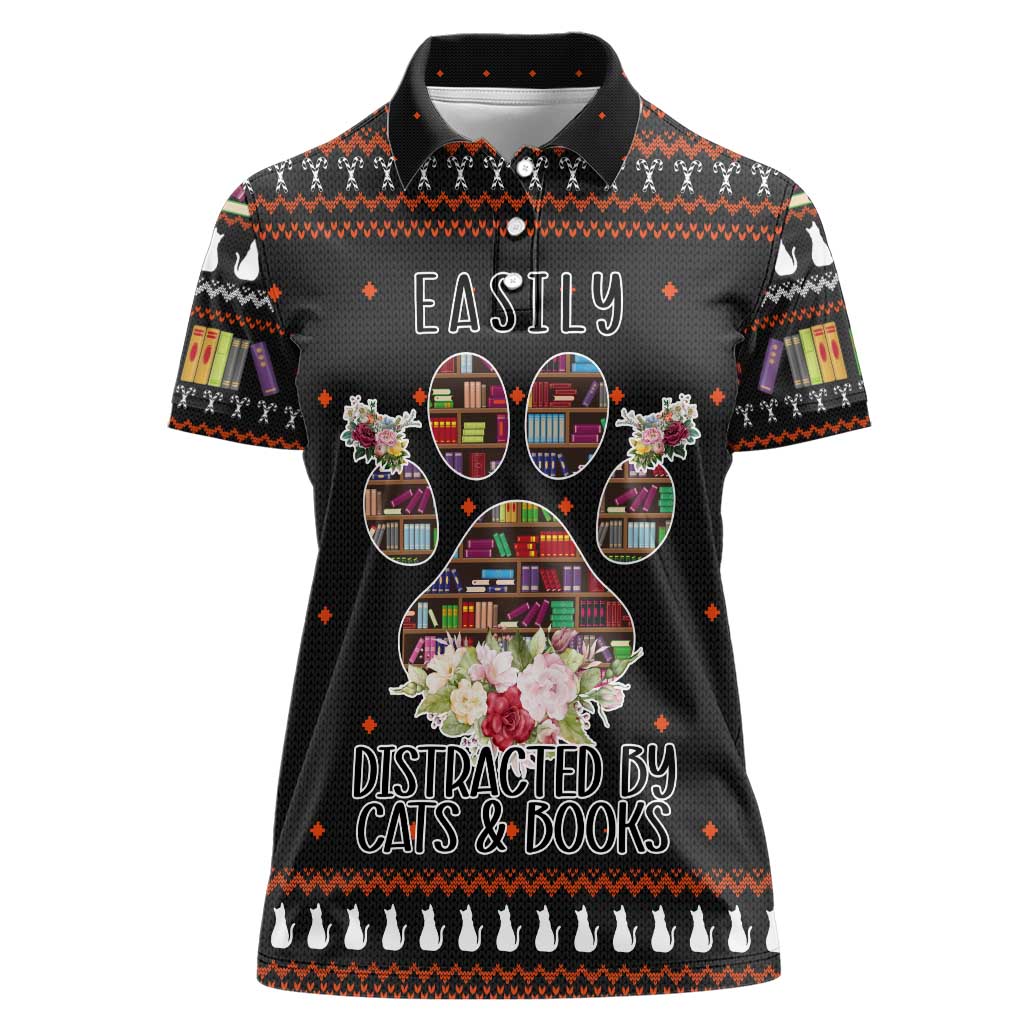 Cat And Books Christmas Women Polo Shirt Xmas Holiday Patterns - Wonder Print Shop