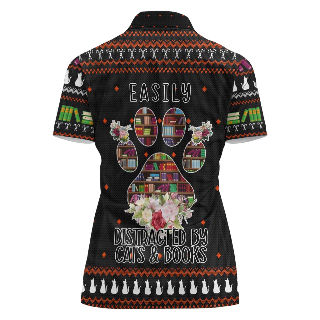 Cat And Books Christmas Women Polo Shirt Xmas Holiday Patterns - Wonder Print Shop