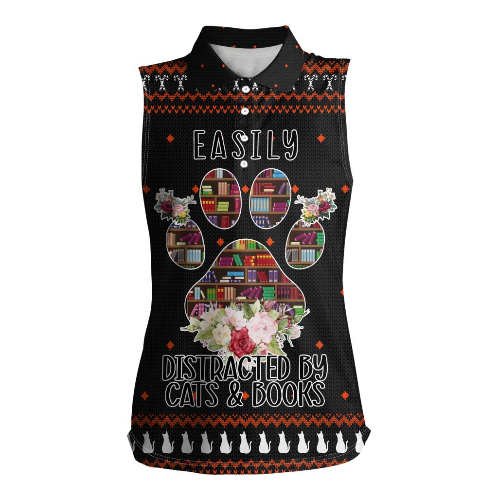Cat And Books Christmas Women Sleeveless Polo Shirt Xmas Holiday Patterns - Wonder Print Shop