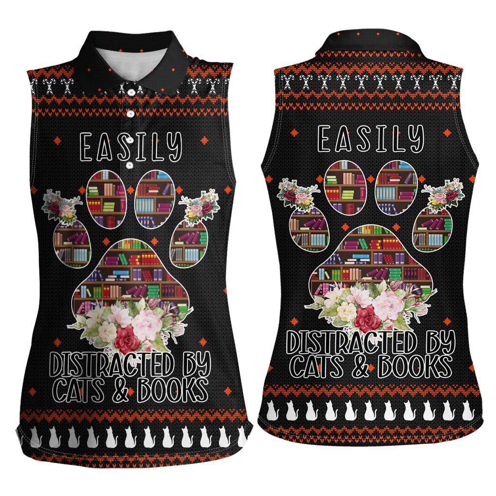 Cat And Books Christmas Women Sleeveless Polo Shirt Xmas Holiday Patterns - Wonder Print Shop