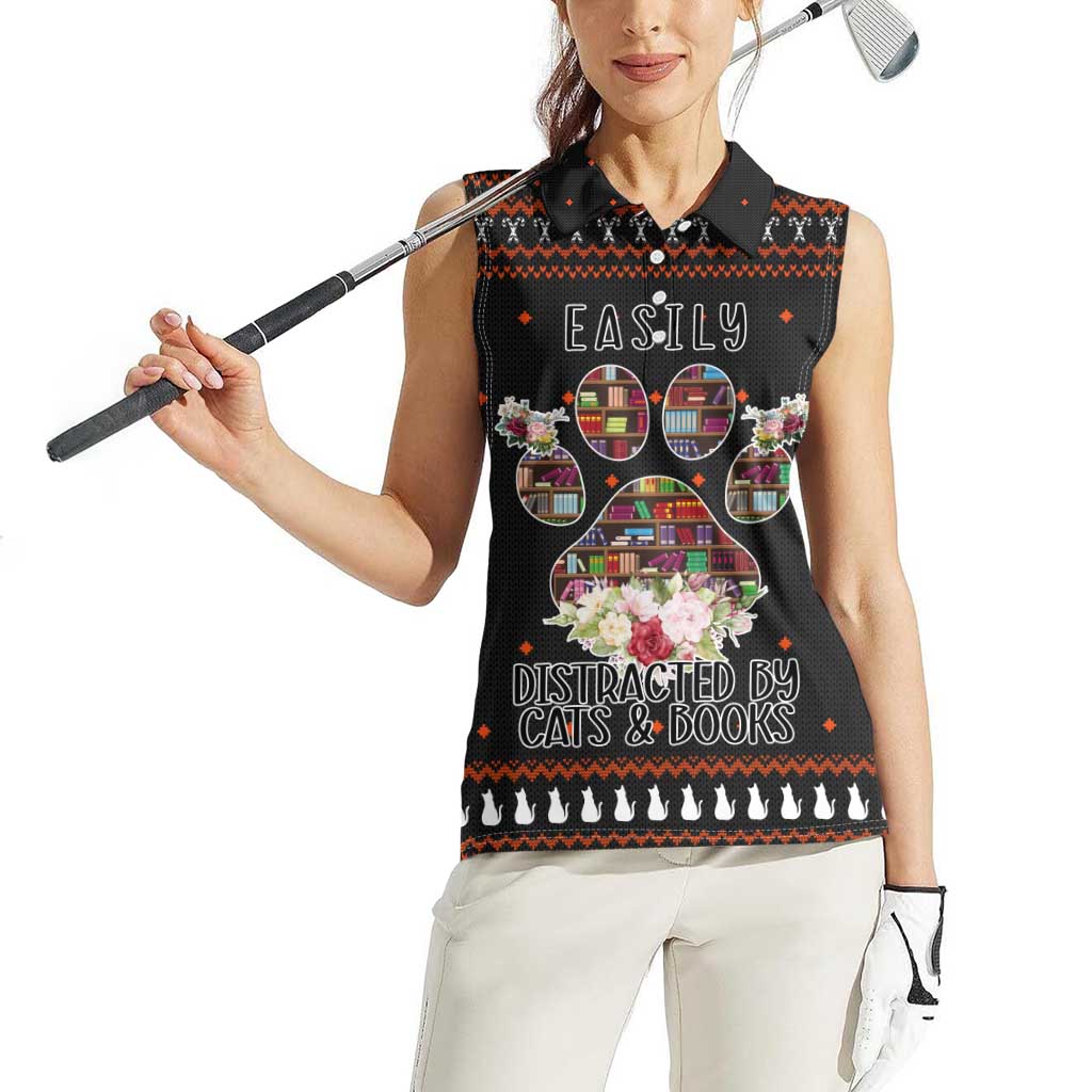 Cat And Books Christmas Women Sleeveless Polo Shirt Xmas Holiday Patterns - Wonder Print Shop