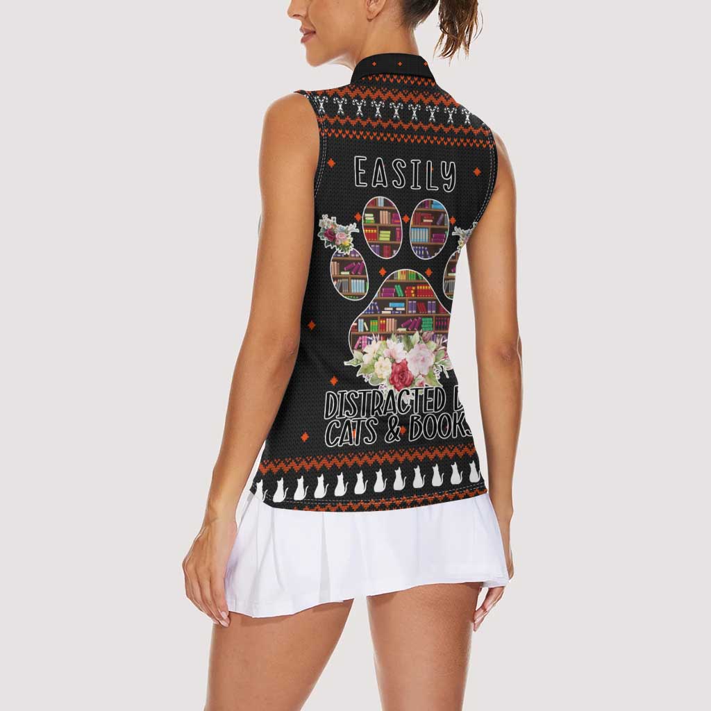 Cat And Books Christmas Women Sleeveless Polo Shirt Xmas Holiday Patterns - Wonder Print Shop