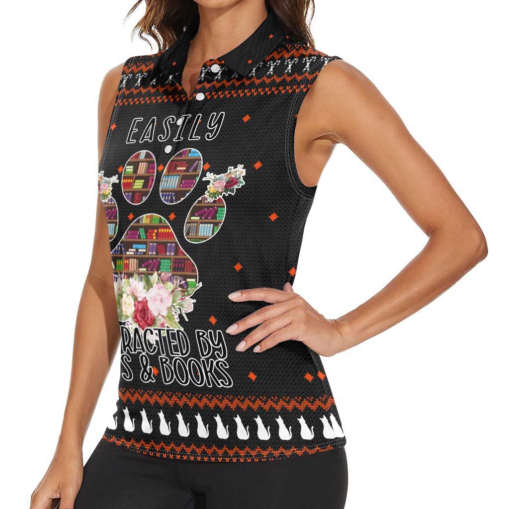 Cat And Books Christmas Women Sleeveless Polo Shirt Xmas Holiday Patterns - Wonder Print Shop