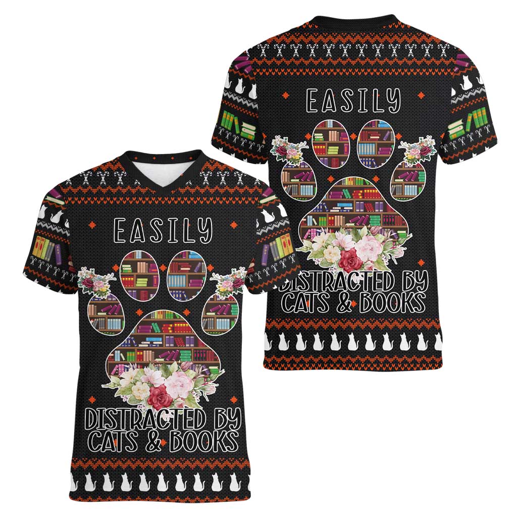 Cat And Books Christmas Women V-Neck T-Shirt Xmas Holiday Patterns - Wonder Print Shop