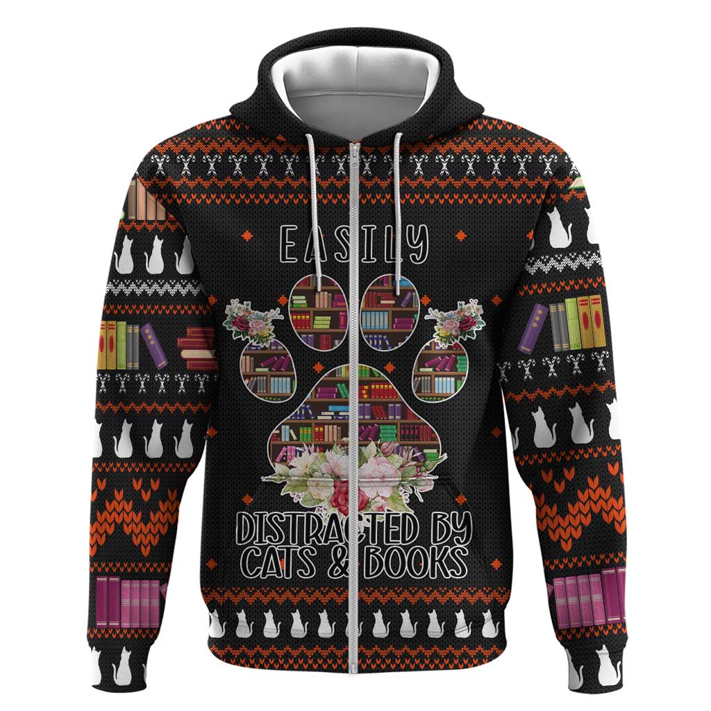 Cat And Books Christmas Zip Hoodie Xmas Holiday Patterns - Wonder Print Shop