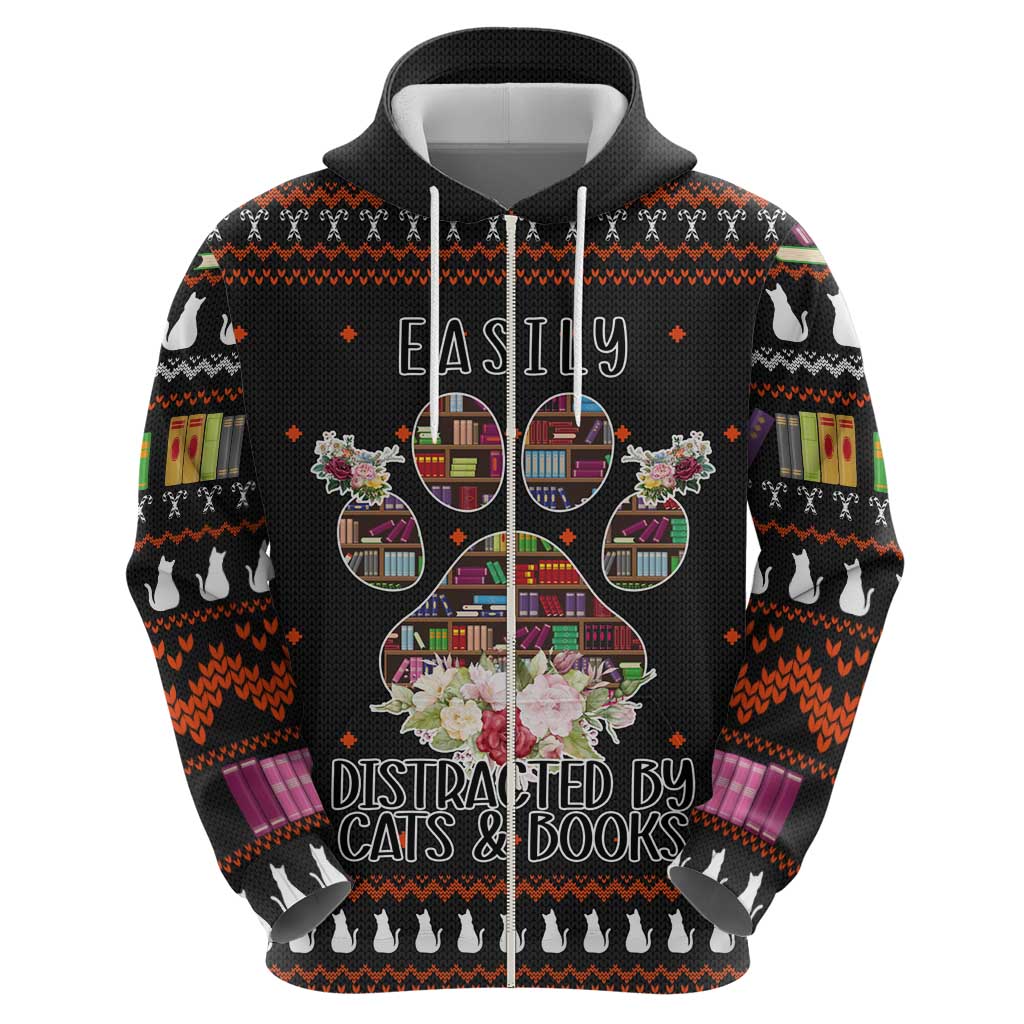 Cat And Books Christmas Zip Hoodie Xmas Holiday Patterns - Wonder Print Shop