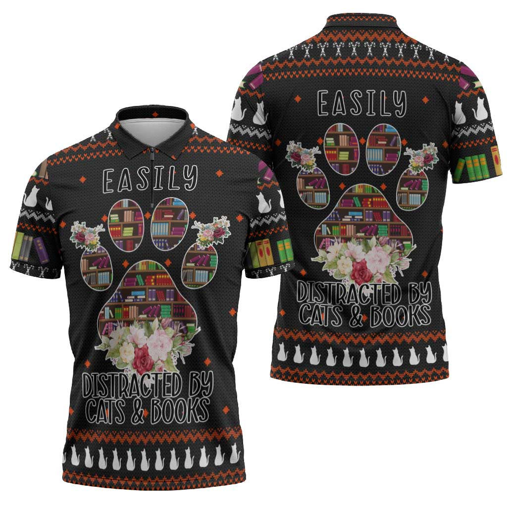 Cat And Books Christmas Zipper Polo Shirt Xmas Holiday Patterns - Wonder Print Shop