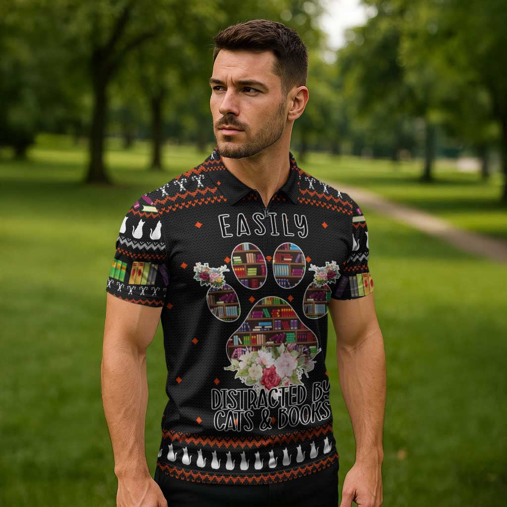 Cat And Books Christmas Zipper Polo Shirt Xmas Holiday Patterns - Wonder Print Shop