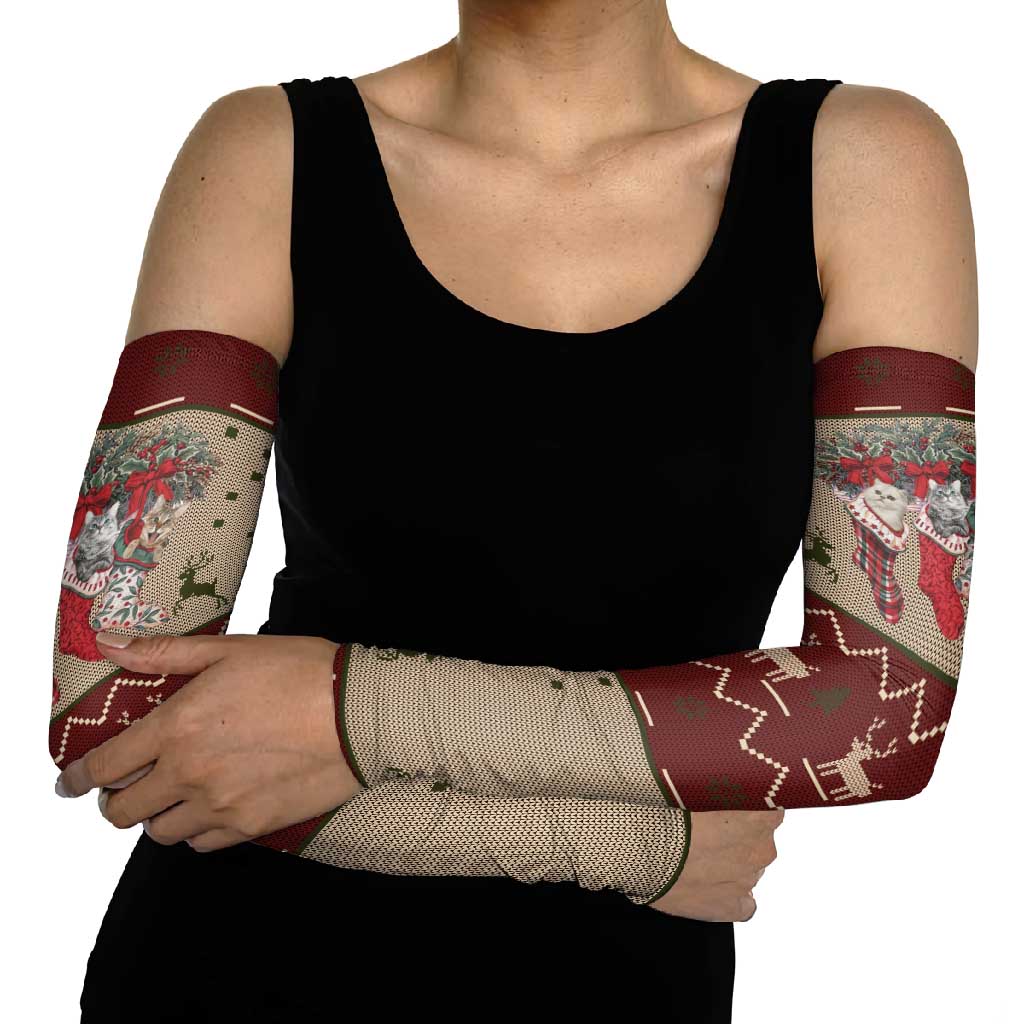 Cat And Sock Christmas Arm Sleeves Xmas Holiday Patterns - Wonder Print Shop
