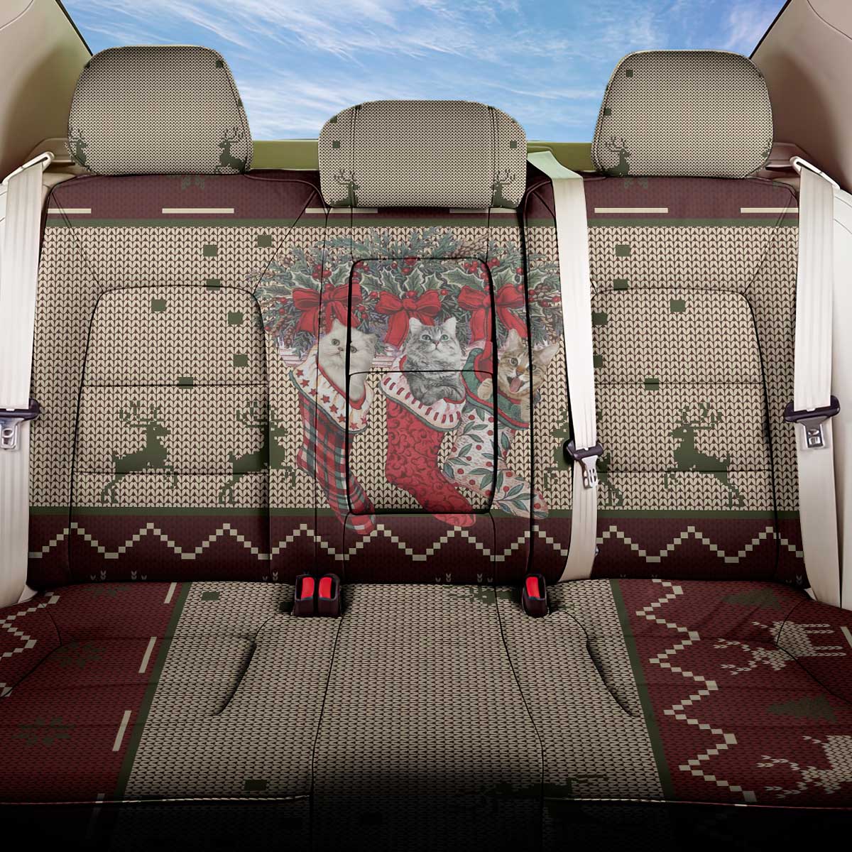 Cat And Sock Christmas Back Car Seat Cover Xmas Holiday Patterns - Wonder Print Shop