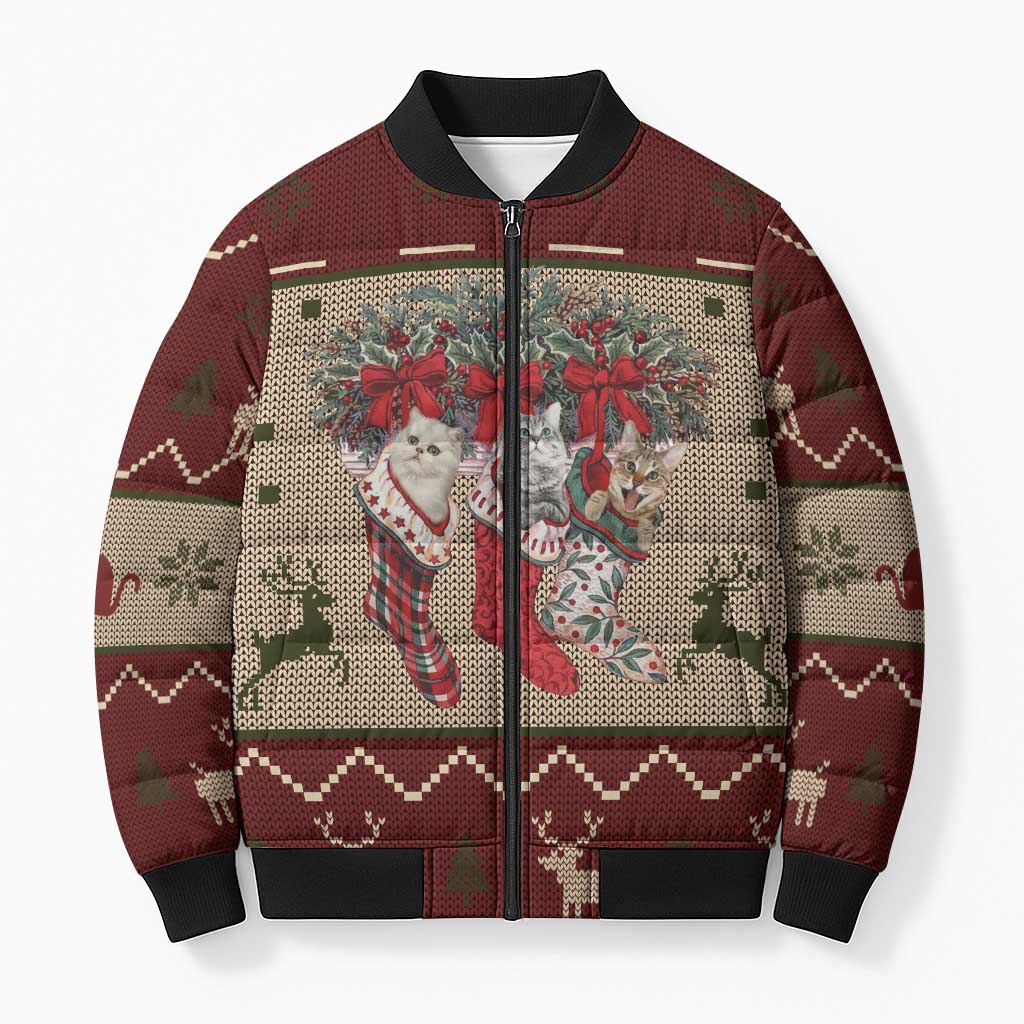 Cat And Sock Christmas Bomber Puffer Jacket Xmas Holiday Patterns - Wonder Print Shop
