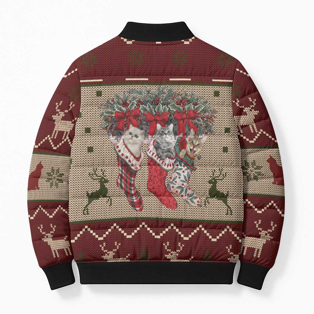 Cat And Sock Christmas Bomber Puffer Jacket Xmas Holiday Patterns - Wonder Print Shop