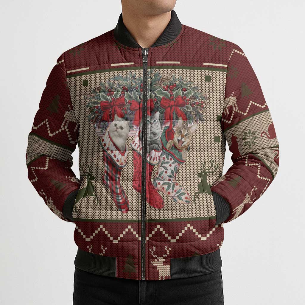 Cat And Sock Christmas Bomber Puffer Jacket Xmas Holiday Patterns - Wonder Print Shop