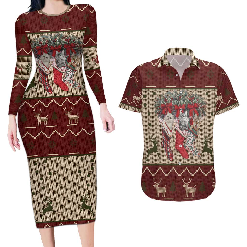 Cat And Sock Christmas Couples Matching Long Sleeve Bodycon Dress and Hawaiian Shirt Xmas Holiday Patterns - Wonder Print Shop